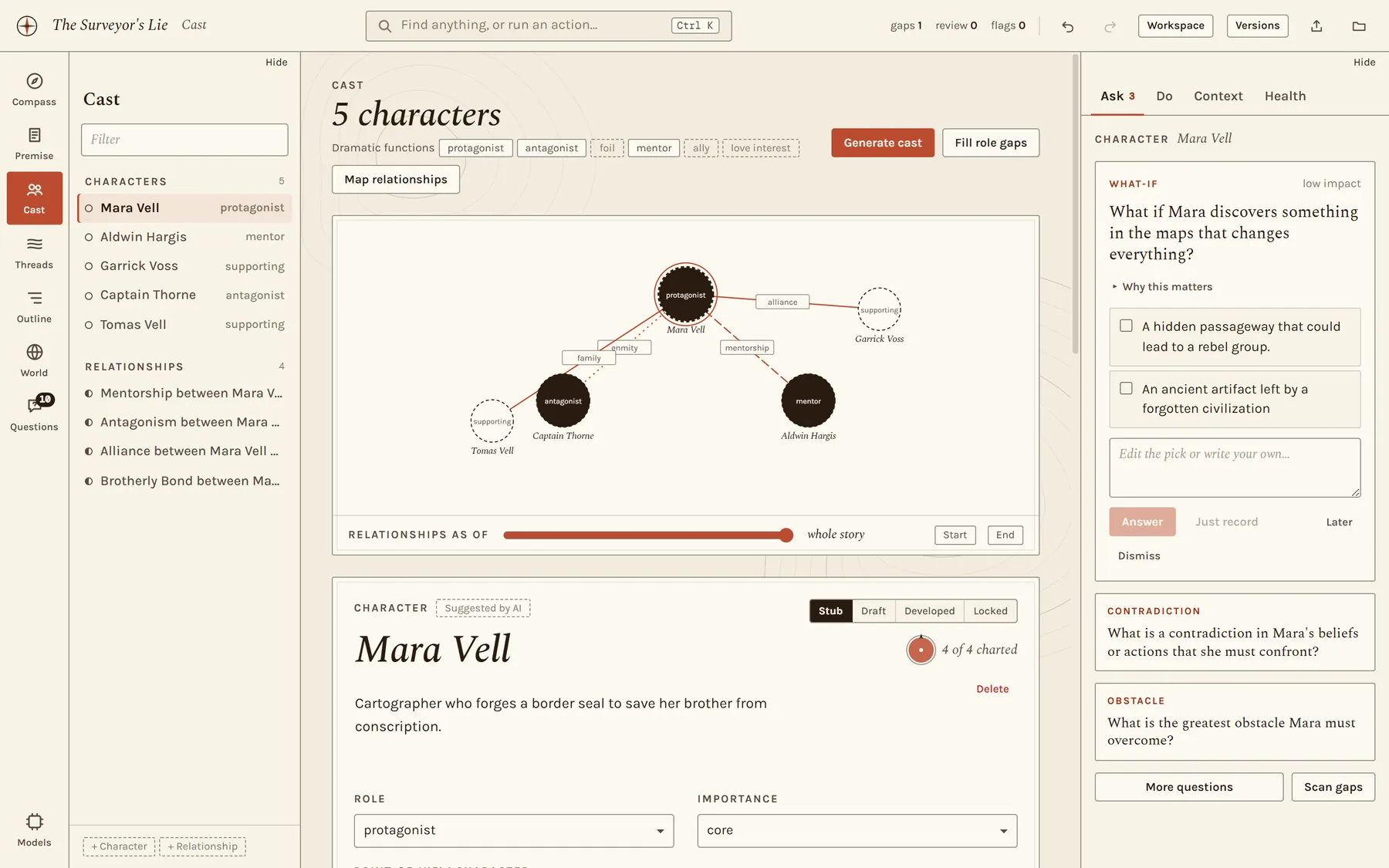 The cast inked in, with a relationship map showing alliance, enmity, mentorship and family lines, and a time slider.