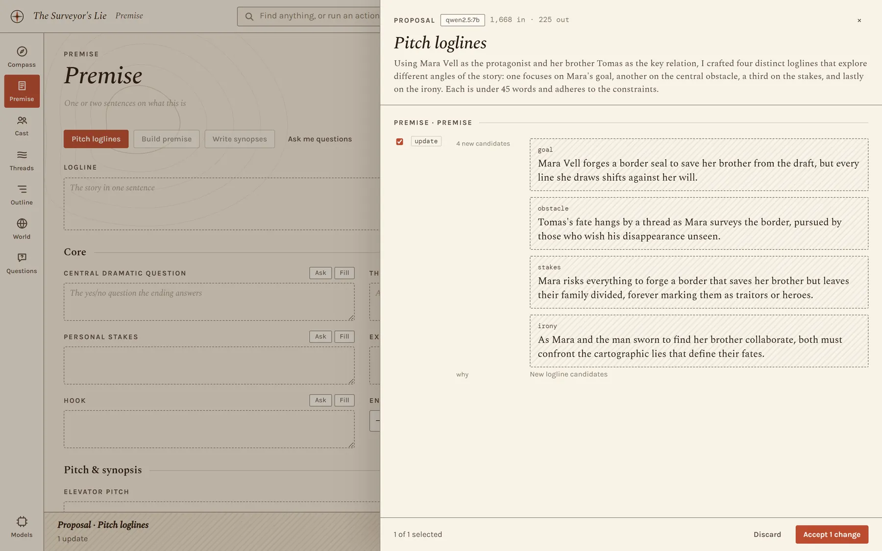 The review drawer for a Pitch loglines proposal, showing four hatched logline candidates each labelled with its angle.